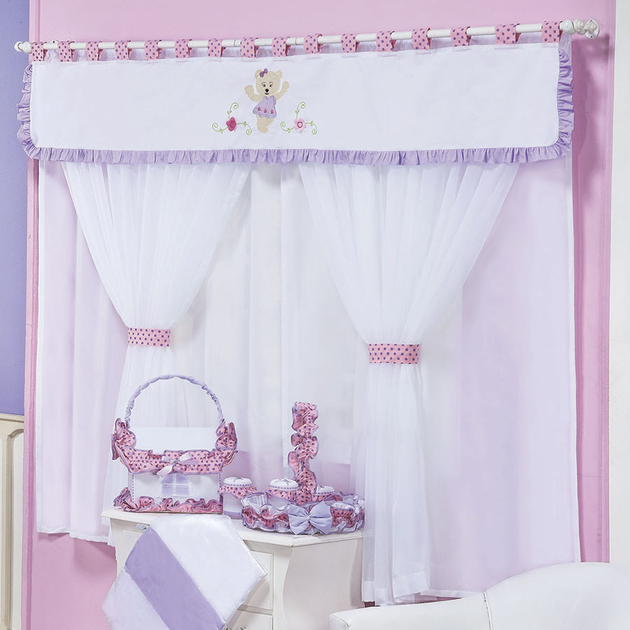 Cortina Quarto de Bebê Menina Ursa Dançarina 2,20M BrancoLilás Cortina Quarto de Bebê Menina Ursa Dançarina 2,20M BrancoLilás