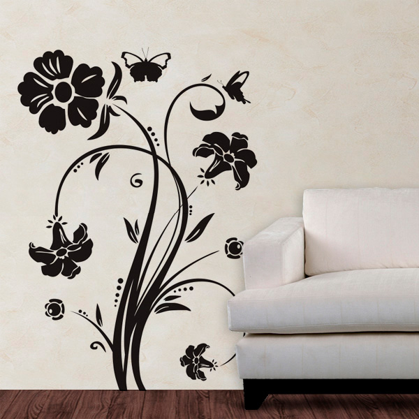 Adesivo de Parede Floral Modelo 01 (flores e borboletas Aparador Tampo De Vidro Branco ~ Adesivo de Parede Floral Modelo 01 (flores e borboletas